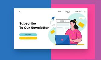 Subscribe To Newsletter Based Landing Page With Young Woman Character Using Laptop. vector