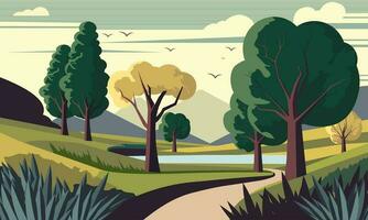 Nature Landscape Background With Mountains, Trees And A Pathway. vector