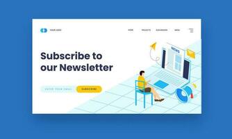 Subscribe To Our Newsletter Hero Banner Design With Young Man Character Watching News On Laptop. vector