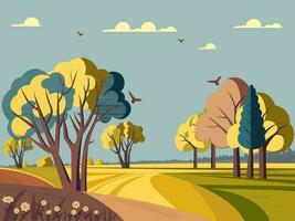 Nature Landscape Background With Trees, Blossom And Flying Birds. vector