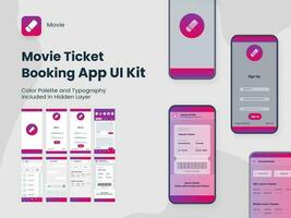 Movie Ticket Booking App UI Kit Including Account Sign In, Sign Up, Booking and Service Type Review Screens for Mobile Application. vector