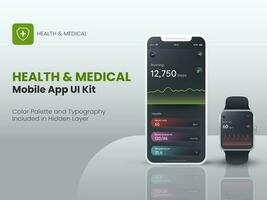 Health And Medical Fitness Tracker Application in Smartphone and Smartwatch for Mobile Application or Responsive Website. vector