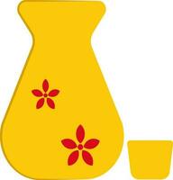 Sake Jar With Glass Flat Icon In Yellow Color. vector