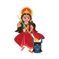 Hindu Mythology Goddess Durga Killing Mahishasura Demon On White Background. vector