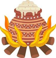 Rice Clay Pot On Burning Wood Icon In Flat Style. vector