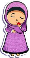 ilustración de joven musulmán niña participación manzana en pegatina estilo. vector