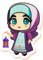 Illustration of Cute Muslim Girl Character Holding Lantern In Sticker Style. vector