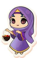 linda islámico niña personaje participación frutas cesta en pegatina estilo. vector