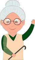 Cute Cartoon Character Of Little Girl Dress Up In Old Lady. vector