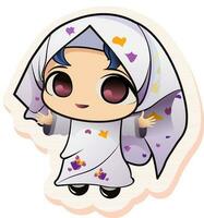 Sticker Style Cheerful Muslim Girl Character In Standing Pose. vector