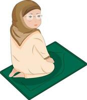 Eyeglasses Wearing Little Girl Doing Namaz On Prayer Mat In Side View. vector