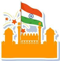 Isolated Red Fort Silhouette With Indian Flag Sticker. vector