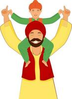 Punjabi Little Boy Sit On Father Shoulder Dancing In Bhangra Pose. vector