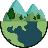 Flat Style Mountains And Trees In Earth Icon. vector