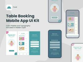 Table Booking Mobile App UI Kit Including Sign Up, Food Menu, Reservation Screen for Restaurant or Hotel. vector