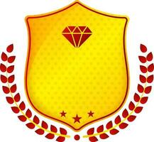 Diamond Shield Badge With Laurel Wreath In Yellow And Red Color. vector