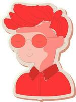 Sticker Style Spectacles Wearing Young Boy Character Icon In Red Color. vector