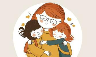 Young Woman Character Hugging Her Cute Students On Beige Background And Copy Space. vector
