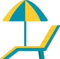 plano playa silla paraguas verde azulado y amarillo icono. vector