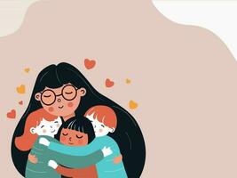 Young Girl Character Hugging Her Cute Kids With Hearts And Copy Space. vector