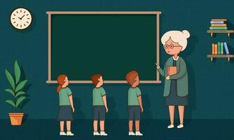 Female Teacher Character Giving Instructions To Her Students In Front of Empty Green Board In Classroom Interior View. vector