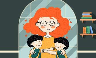 Young Woman Character Hugging Her Students And Bookshelves On Window Green And Blue Background. vector