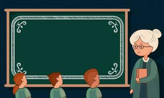 Female Teacher Character Standing In Front of Pupils Near Empty Chalkboard In Classroom. vector