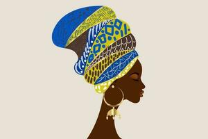 retrato hermosa africano mujer en tradicional turbante tribal motivos, kente cabeza envoltura, africano tradicional negro mujer vector silueta aislado con oro pendientes, Moda peinado belleza concepto