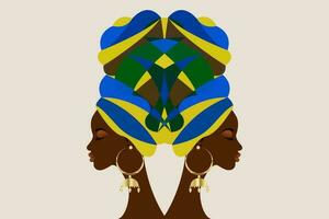 retrato hermosa afro mujer. shenbolen ankara envoltura de la cabeza mujer africano tradicional corbata bufanda turbante. kente cabeza envuelve africano tribal batik tela diseño. vector mujer diversidad concepto antecedentes