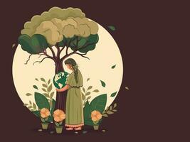 lado ver de joven niña personaje participación tierra globo debajo el árbol con floral planta ollas decorado antecedentes y Copiar espacio. vector