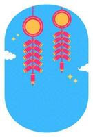 Hanging Chinese Fire Cracker And Clouds In Blue Semi Circles Pattern Oval Frame And Copy Space. vector