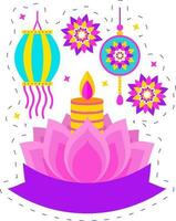 contento diwali concepto con loto flor, iluminado vela, linterna colgar y mandala ornamento en blanco antecedentes. vector