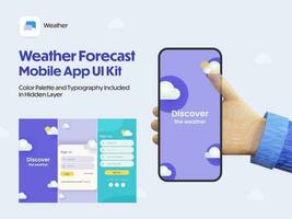 Weather Forecast Mobile App UI Screens Including Like As Sign In, Sign Up For Responsive Website. vector