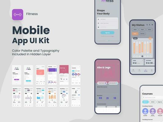 Fitness Mobile App UI Kit Including Account Sign In, Sign Up, Workout And Statistics Features Screen For Responsive Website Wireframe.