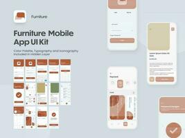 Furniture Mobile App UI Kit with Multiple Screens as Log in, Create Account, Profile, Order and Payment. vector