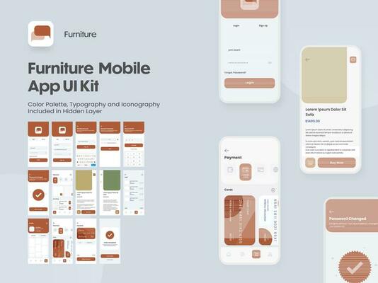 Furniture Mobile App UI Kit with Multiple Screens as Log in, Create Account, Profile, Order and Payment.