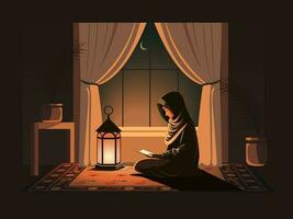 ilustración de musulmán joven mujer leyendo Corán en estera con ardiente linterna en frente de ventana a creciente Luna noche. vector