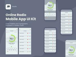 Online Radio Mobile App UI Kit Including FM Radio, Station Screens for Responsive Websites. vector