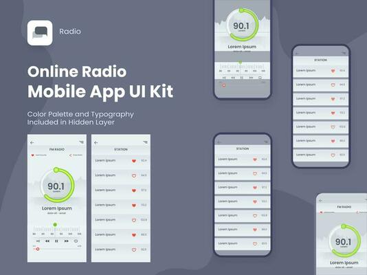 Online Radio Mobile App UI Kit Including FM Radio, Station Screens for Responsive Websites.