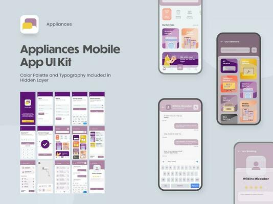 Appliances Mobile App UI Kit with Multiple Screens as Log in, Create Account, Profile, Order and Product Details.