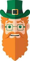 Orange Beard Leprechaun Man Face Wearing Glasses And Hat Flat Icon. vector