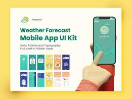 Weather Forecast Mobile App UI Kit With Showing Temperature, Weather Condition For Responsive Website Wireframe. vector