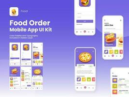 Food Order Mobile App UI Kit Including Login, Register, Food Menu, Booking And Service Type Review Screens. vector