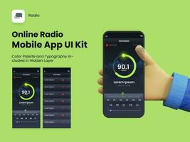 Online Radio Mobile App UI Kit Including FM Radio, Station Screens for Responsive Websites. vector