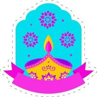 Happy Diwali Celebration Concept With Lit Oil Lamp Diya, Mandala Or Flower On Blue And White Background. vector