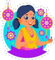 contento diwali concepto con dibujos animados niña participación iluminado petróleo lámpara diya, mandala ornamento en azul y blanco antecedentes. vector