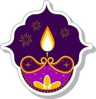 pegatina estilo ardiente diya petróleo lámpara para contento diwali celebracion en contra púrpura antecedentes. vector