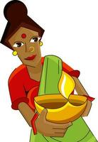 Cartoon Indian Woman Holding Illuminated Oil Lamp Diya On White Background. vector