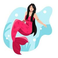 Cute girl mermaid in the sea. Sea background, marine plants, seaweed. cartoon flat vector illustration.