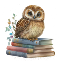 Watercolor Owl with books isolated. Illustration png